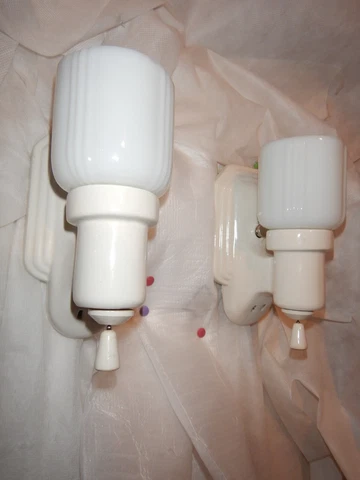 Deco Bungalow Bathroom Porcelain Sconces w/ Original Milk Glass Glass Shades Cover
