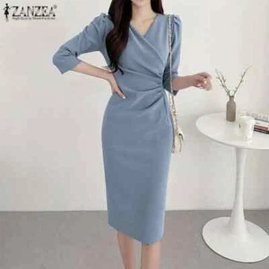 ZANZEA Summer Fashion Womens Dress Sexy Solid Color Knee Length - Picture 1 of 4