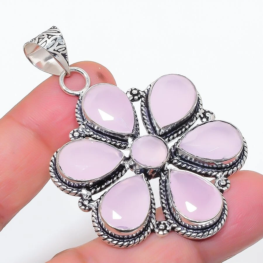 Colgante de joyería de plata de ley 925 hecho a mano con piedras preciosas de cuarzo rosa tamaño 2,5" Foto 1 de 1