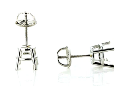 Pair 14K White Gold Round Pre-Notched Stud Earring Settings Threaded Screw Back - Image 1 of 3