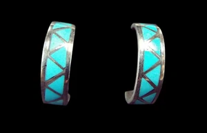 Sterling and Turquoise Zig Zag Pattern Hoop - Zuni Handmade - Picture 1 of 5