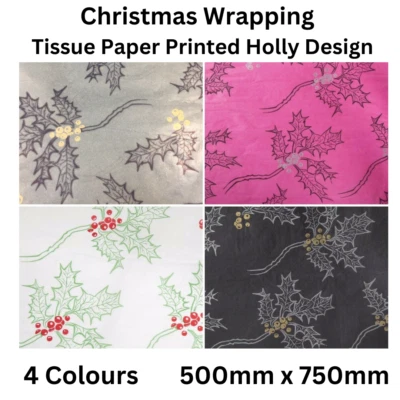Tissue Paper Christmas Holly Printed Wrapping   Patterned 4 Colours Gift Wraps - Image 1 of 2