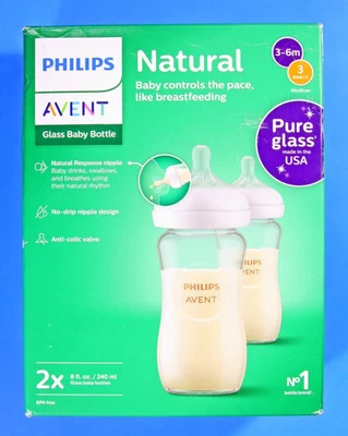 Biberones de vidrio Philips Avent 8 oz pezón respuesta natural paquete de 2 nuevos Foto 1 de 4