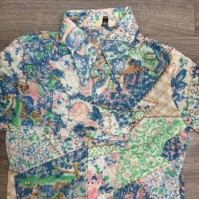 Cracker 衬衫 复古拼贴 风景印花 纽扣 L/S 透明衬衫 S/M — 第 1/4 张图片