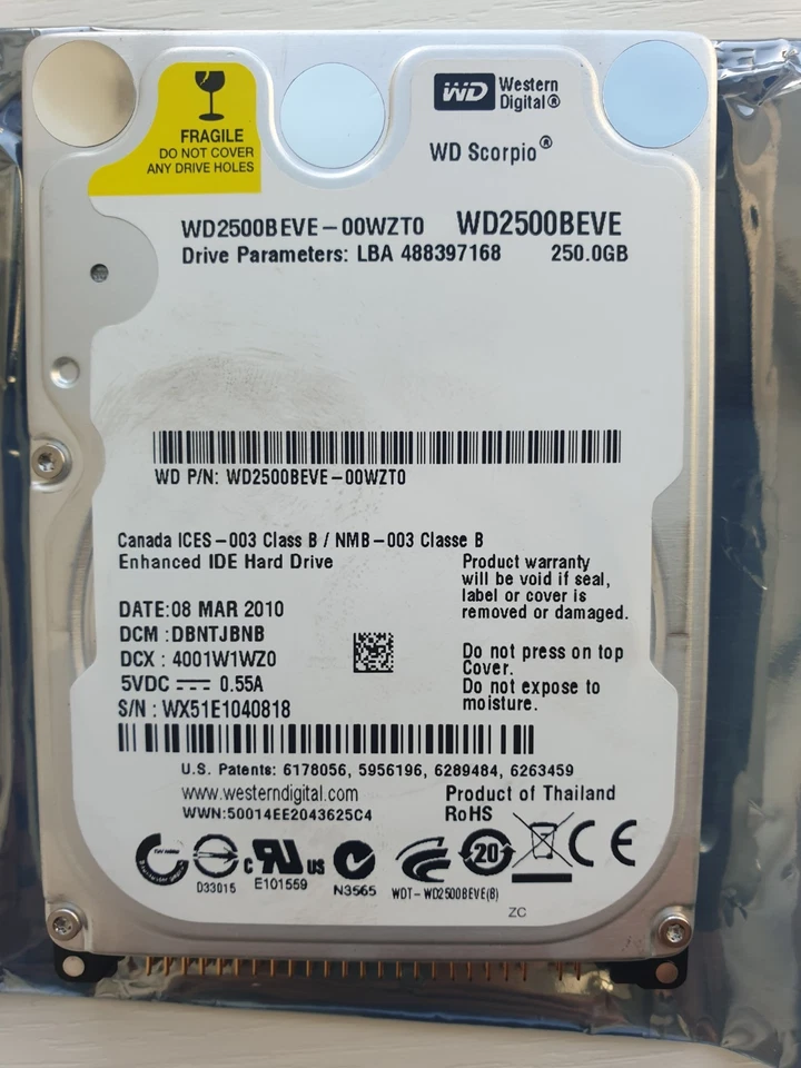 Western Digital 250GB WD2500BEVE-00WZT0 2.5" IDE HARD DRIVE WD - DCM: DBNTJBNB - Image 1 of 1