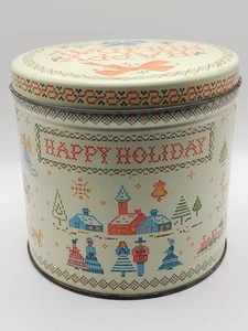 Vintage Cross Stitch Tin Christmas Happy Holidays Farm Scene Round Empty - Picture 1 of 10