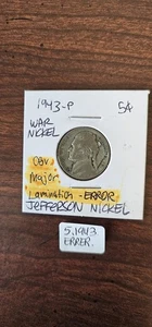 1943-P Jefferson War Nickel, Lamination Error With A Fold, Circ. Free Shipping - Picture 1 of 9