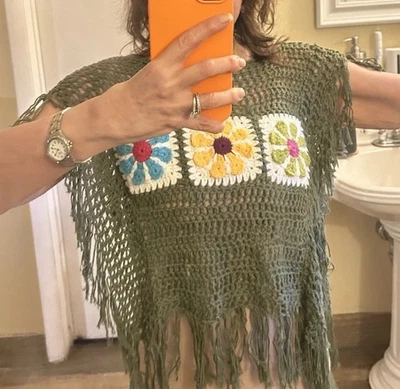 A Green cotton crochet Handmade Poncho With Granny Squares And Fringe - Image 1 of 4