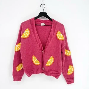 Dreamers by Debut Women's Medium Lemon Slice Novelty Knit Cardigan Pink - Picture 1 of 7