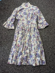 Vintage Dress Size 8 Ivory Floral Lace Collar Flare Sleeves Cottagecore Prarie - Picture 1 of 6