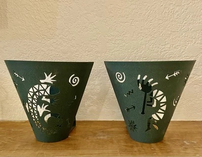 Set of 2 Southwestern Metal Wall Sconces Votive Candle Kokopelli & Gecko Green - Image 1 of 4