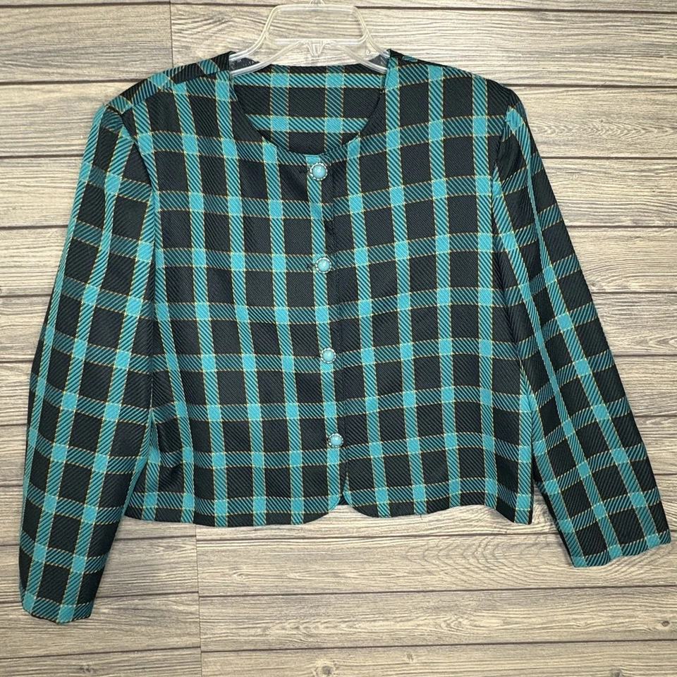 复古 Nikki 女式蓝绿色格子西装外套 16 码 Office Academia Prep 90 年代纽扣复古 — 第 1/4 张图片