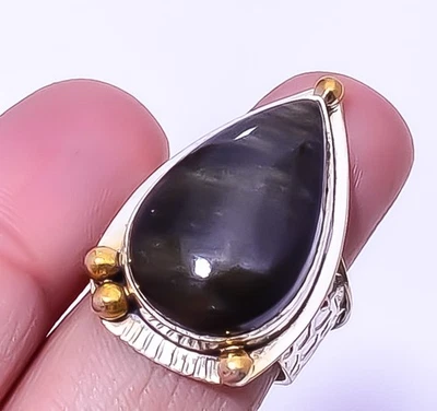 Anel folheado a ouro de dois tons de prata esterlina 925 Golden Sheen Obsidian p.8 A395 - Imagem 1 de 4