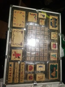 Assorted Wood Mounted Rubber Stamps with case. Cracked top plastic case. Used - Picture 1 of 10
