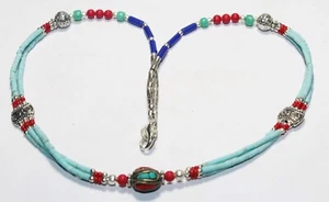 Tibetan Turquoise Coral Lapis Gemstone Handmade Nepali Necklace Size 18 Inches - Picture 1 of 4