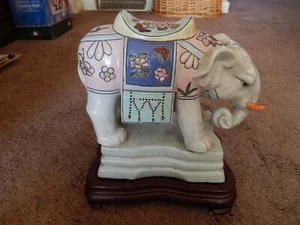 Vintage Porcelain Hand Decorated Elephant Figurine on Wooden Stand - Picture 1 of 23