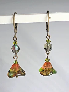 Handcrafted Watermelon Glass Bell Flower and Swarovski Crystal Dangle Earrings - Picture 1 of 6