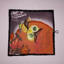 Vtg Image~Little Owl Halloween Greetings ~ Halloween Glitter Wood Ornament