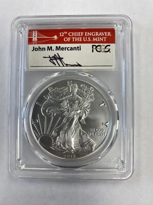 Águila de plata bruñida 2018-W 1 oz plata .999 PCGS First Strike firmada por Mercanti Foto 1 de 4