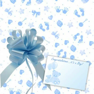 Blue Baby Boy Cellophane Gift Wrap Baby Shower Hamper, Pull Bow Ribbon and Card - Picture 1 of 7