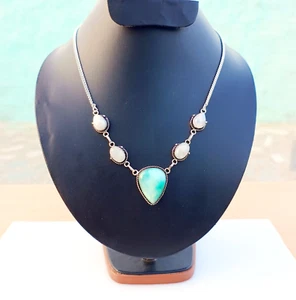 Natural Larimar & Moonstone Necklace 925 Sterling Silver Handmade Jewelry 20" - Bild 1 von 7