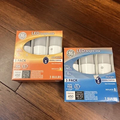 X2 Three-Packs GE LED Bright Stik 40W Bulbs Soft White + Daylight (3 Each) - Image 1 of 4