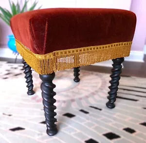 Vintage Chair Lounge Stool. Red velvet, gold fringe, turned wood legs 42x42x46cm - Picture 1 of 9