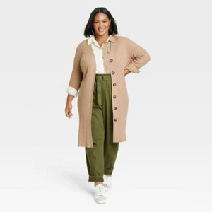 Ava & Viv Women's Plus Button Down Rib Duster Cardigan Side Vent - Picture 1 of 9