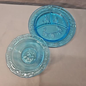 Vintage Tiara Glass Blue Nursery Rhyme 2pc. set of Children's Embossed Dishes - Picture 1 of 15