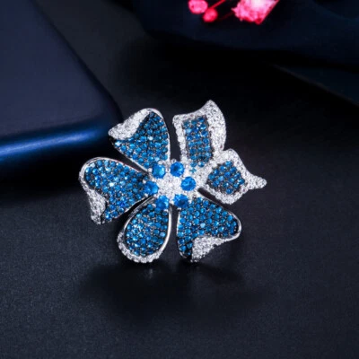 Beautiful Big Blue Flower Cubic Zirconia Silver Plated Adjustable Ring for Women - Image 1 of 4