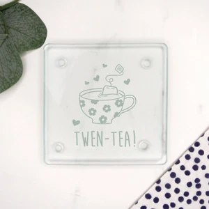 Engraved Square Glass Coaster TWEN-TEA Design 20th Birthday Gift Daughter - Picture 1 of 22