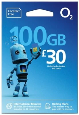 100GB £30 O2 NETWORK PAY AS YOU GO 02 SIM CARD SEALED UNLIMITED CALLS AND TEXTS