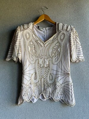 Винтажный Scala блузка женщин L белый шелк блестки верхний золотой бисером вечер - Изображение 1 из 4