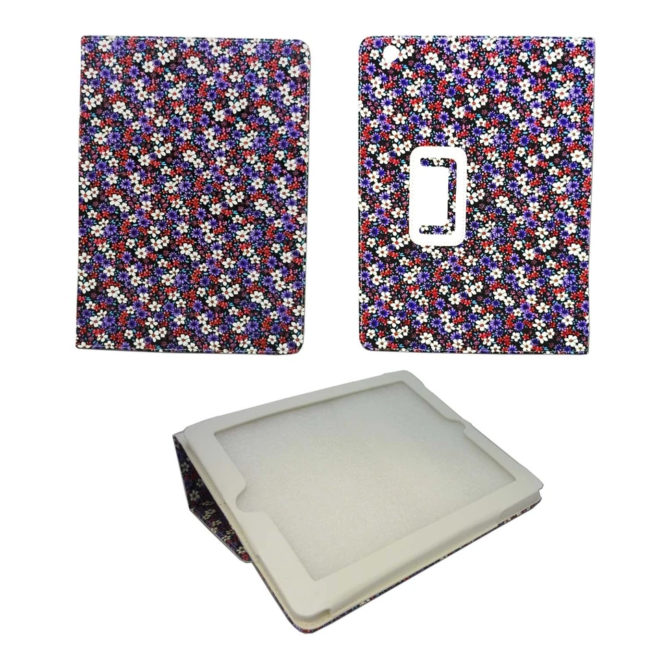 CASE FOR APPLE IPAD 2 3 4 RED WHITE AND PURPLE FLOWER DESIGN PU LEATHER COVER - Image 1 of 4