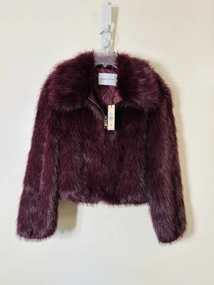Rebecca Minkoff faux fur collared full zip jacket burgundy NWT sz S $228.00 - Image 1 of 4