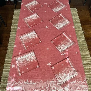 Williams Sonoma Christmas Village Jacquard Tablecloth 70x90 8 Napkins Set Red - Picture 1 of 21