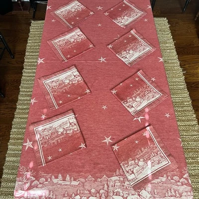 Williams Sonoma Christmas Village Jacquard Tablecloth 70x90 8 Napkins Set Red - Image 1 of 4