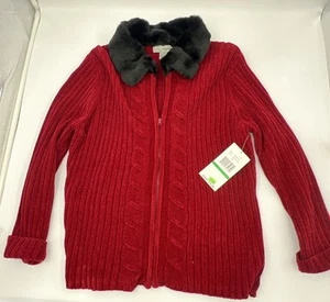 Designers Originals Women's Size L Red Black Faux Fur Cardigan Sweater - Picture 1 of 12