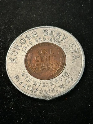 1949 年明尼阿波利斯明尼苏达州封装美分令牌 Kokosh 服务站 — 第 1/2 张图片