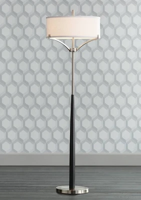 Lámpara de pie moderna columna de acero negro y cepillado pantalla blanca para salón Foto 1 de 4