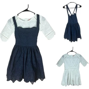 Marlo Girls Dresses SIZE 10-11 Years Lace Eyelet White Navy Blue Tie Back Mini - Picture 1 of 12