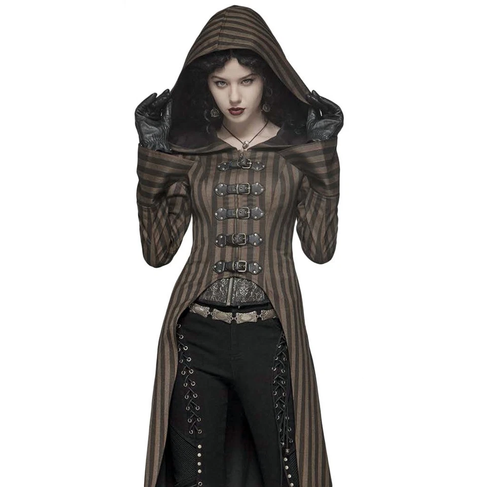 Abrigo largo steampunk de lujo con capucha a rayas Foto 1 de 4