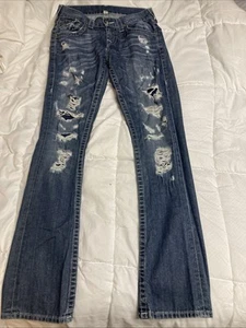 True Religion Jeans Straight 28x33 BlueDenim Flap Pocket Distressed White Stitch - Picture 1 of 8