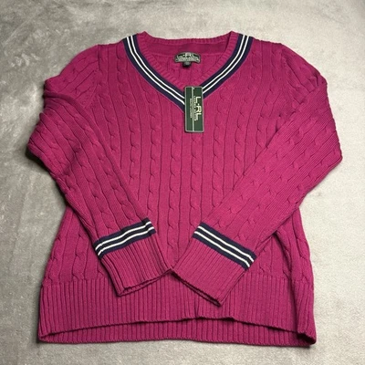 Novo com etiquetas Lauren Ralph Lauren Suéter Feminino XL Malha de Cabo Tênis de Críquete Preppy Rosa - Imagem 1 de 4