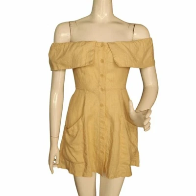 REFORMATION Mini Dress, 0, Pale Yellow, Ruffle Off-shoulder, Button front, Short - Image 1 of 4
