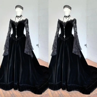 Gothic Black Velvet Wedding Dresses Long Sleeves Sweep Train Lace Bridal Gowns - Image 1 of 4
