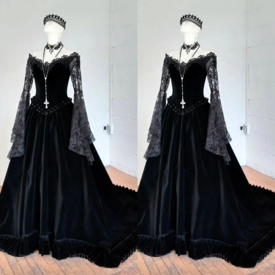 Gothic Black Velvet Wedding Dresses Long Sleeves Sweep Train Lace Bridal Gowns - Image 1 of 4