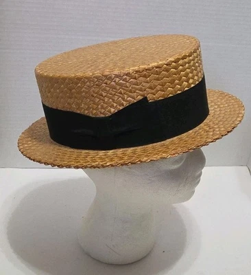 Borsalino Antica Casa De Colección Hombres Paja Parte Superior Plana Navegante Skimmer Sombrero Gran Premio Italia Foto 1 de 4