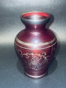 Vintage 4.5” Red Venetian Glass Vase Silver Overlay Cranberry Bud Vase Italy - Picture 1 of 12