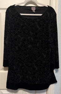 Chico's Easywear Black Velvet Floral Burnout 3/4 Sleeve Top Size 3(16/18) NWT - Picture 1 of 15